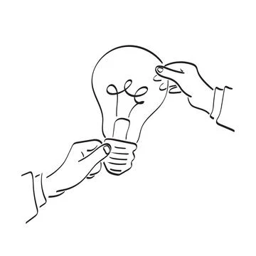 Line art closeup hands of two businessmen holding bulb illustration vector Stock Illustration