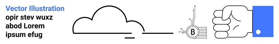 Line Art Cloud, Abstract Key, Hand Holding Blue Card on White Background Stock Illustration