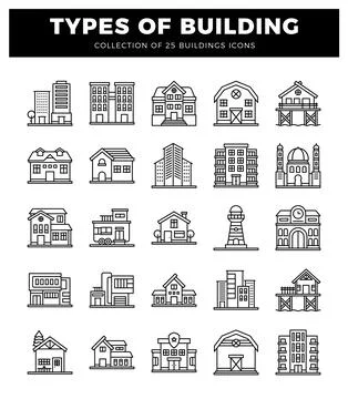 Line art collection of building types. Illustrazione stock