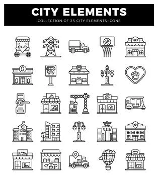Line art collection of city elements and icons. including buildings. vehicl.. Stock Illustration