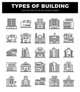 Line art collection of diverse building icons on a white background Ilustración de archivo