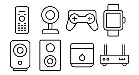Line Art Collection of Electronic Devices and Gadgets in Flat Design Stock Illustration