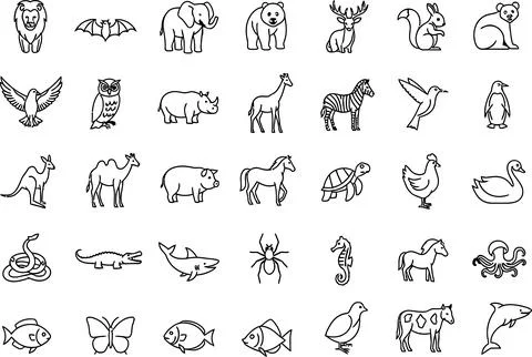 Line art collection featuring various animals are displayed in a crisp, black Stock Illustration