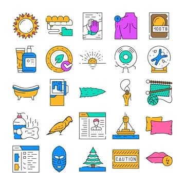 Line art collection presenting various daily essentials and concepts Illustrazione stock