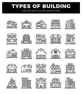 Line art collection of various building types with a white background Ilustración de archivo