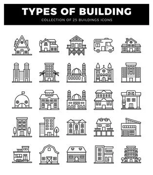 Line art collection of various building types. abstract design. white backg.. Ilustración de archivo