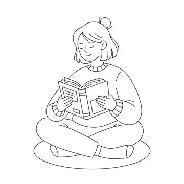 Line Art Coloring Page Of A Young Woman Reading A Book Sitting Cross-Legged.. Stock-Illustration