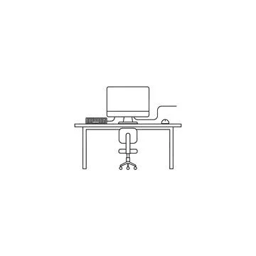 Line art computer workspace desk with office chair minimalist icon 스톡 일러스트