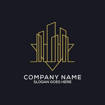 Line art construction logo design, outline building construction with golden  Ilustración de archivo