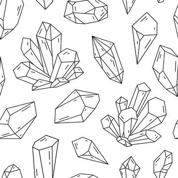 Line art crystal seamless pattern. Diamonds crystals print, jewelry gemstone  Stock Illustration