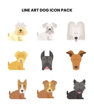 Line Art Dog Flat Set Icons Pack Stock Illustration