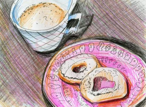 Line art with donuts and coffee. Stock Illustration