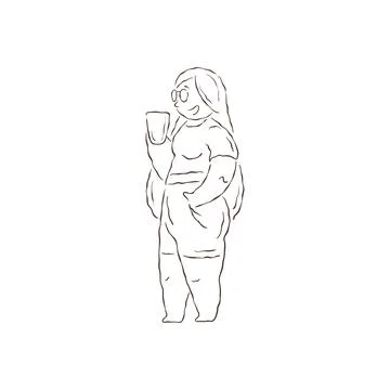 A line art drawing of a cheerful plus-size woman with glasses enjoying a drin Stock Illustration