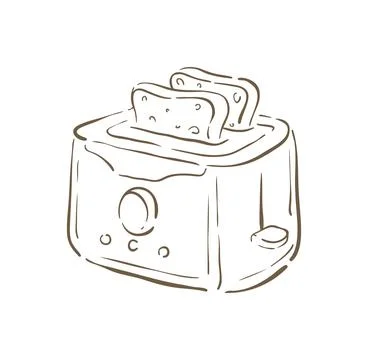 A line art drawing of a kitchen toaster appliance with two slices of toast. A イラスト素材