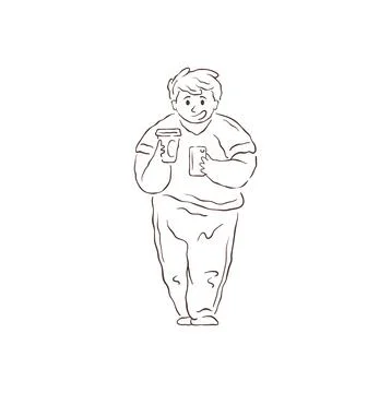 A line art drawing of a plus-size man holding coffee and a smartphone. Depict Stock Illustration