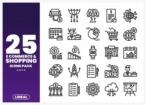 Line art e-commerce and shopping icons pack with diverse graphic elements. .. Stock Illustration