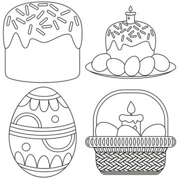 Line art easter candle egg basket cake icon set. Illustrazione stock