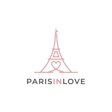 Line art Eiffel Tower with hearts love logo design Stock Illustration