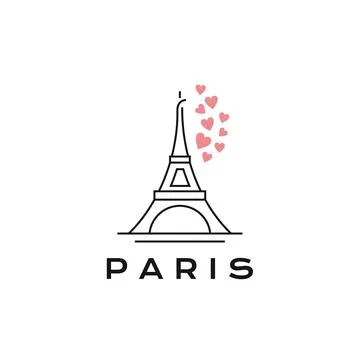 Line art Eiffel Tower with hearts love logo design Stock Illustration