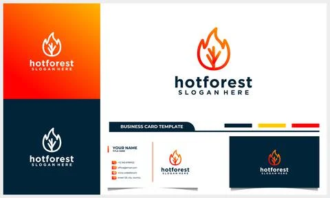 Line art fire and tree logo concept with business card template Stock Illustration