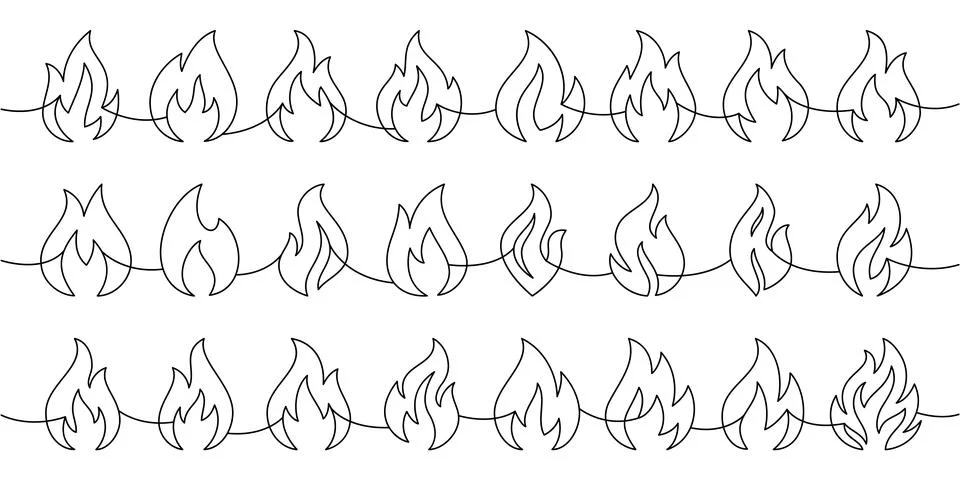 Line art of fire flame. Vector seamless border of flame outlines for digital Stock Illustration