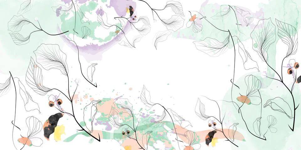 Line art flower and botanical leaves, Watercolor. Template background Stock Illustration