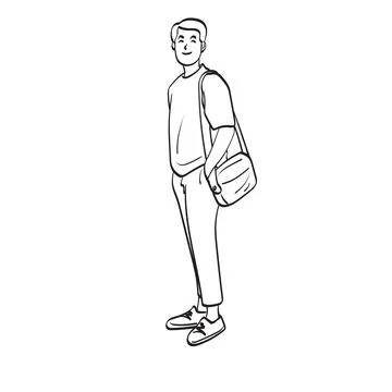 Line art full length man standing with bag illustration vector hand drawn Stock Illustration
