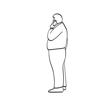 Line art full length side view of fat man using smartphone  illustration イラスト素材