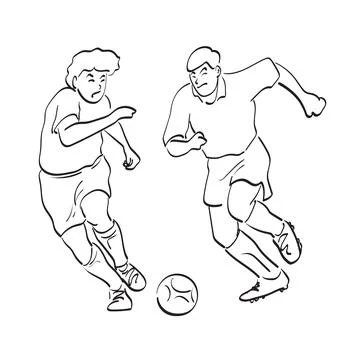 Line art full length of two soccer players with ball illustration vector Stock Illustration