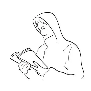 Line art half length of man in hood reading book illustration vector Stock Illustration