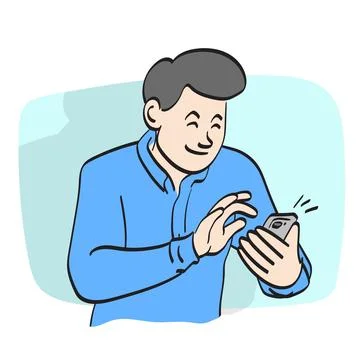 Line art half length of man using fingers on screen of smartphone Stock Illustration