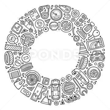 Line Art Hand Drawn Set Of Automobile Cartoon Doodle Objects