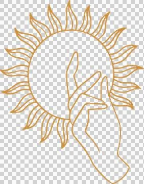 Line art hand is touching stylized sun with wavy rays in mustard hue, Stock Illustration