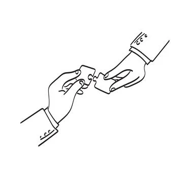 Line art hands of businessman holding jigsaw puzzle together illustration Stock Illustration