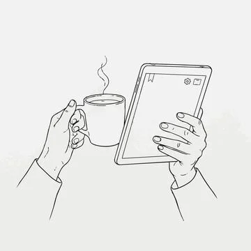Line art hands holding tablet and coffee cup, minimal illustration Silhouette 스톡 일러스트