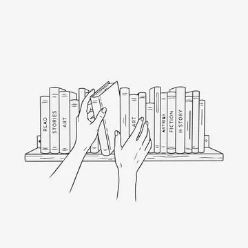 Line art hands picking book from library shelf Silhouette Иллюстрация