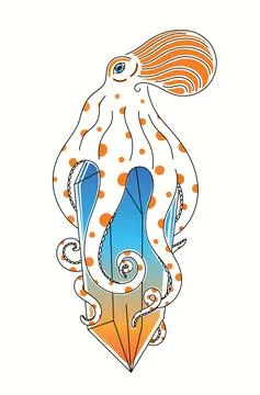 Line art healing crystal with an octopus wrapped around it. Magical life energy Stock Illustration