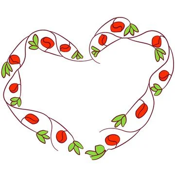 Line art heart shape frame with leaves and red buds Stock Illustration