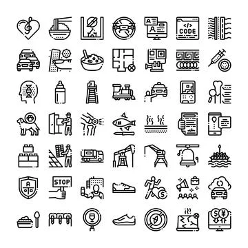 Line art icon collection visualizing diverse concepts and industries Stockillustratie