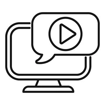 Line art icon of a computer screen with a chat bubble and play button Stock Illustration