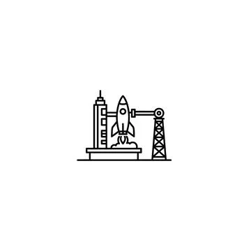 Line art icon of a rocket on launchpad, vector graphic for space Stock Illustration