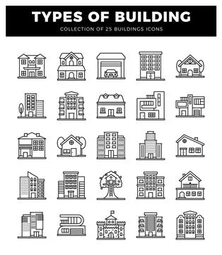 Line art icons of 25 different building types. ranging from houses to skysc.. Ilustración de archivo