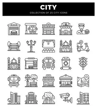 Line art icons of city elements on white background Stock Illustration