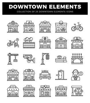 Line art icons of downtown elements Stock Illustration