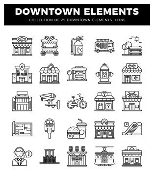 Line art icons of downtown elements. featuring buildings. vehicles. and urb.. Illustrazione stock