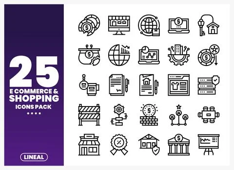 Line art icons for e-commerce and shopping presented in a grid on a purple .. Иллюстрация