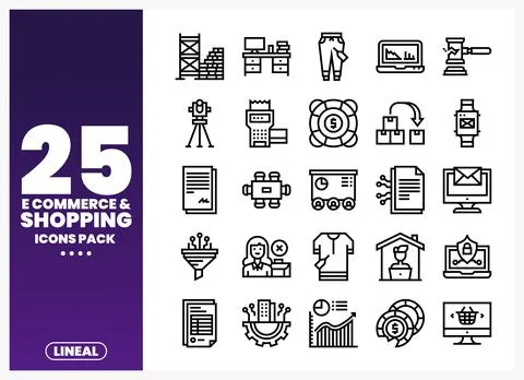 Line art icons for e-commerce and shopping. displayed on a purple gradient .. Stock Illustration
