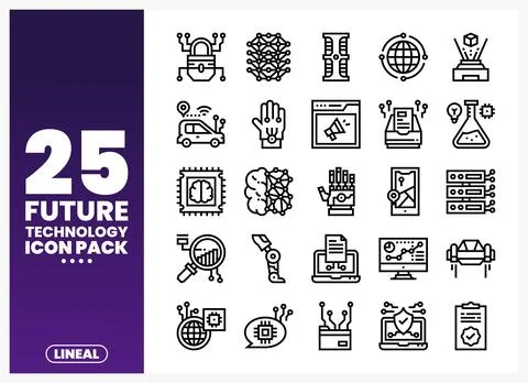 Line art icons of future technology symbols on a gradient background Stock Illustration