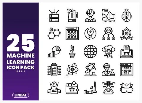 Line art icons for machine learning and artificial intelligence concepts in.. Illustration