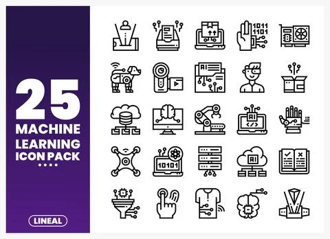 Line art icons of machine learning concepts on a white background イラスト素材